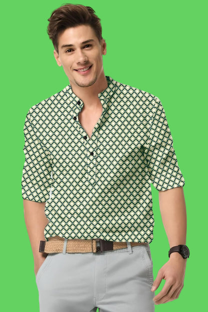 Men's Printed Spread Collar Casual Shirt Green & Cream
