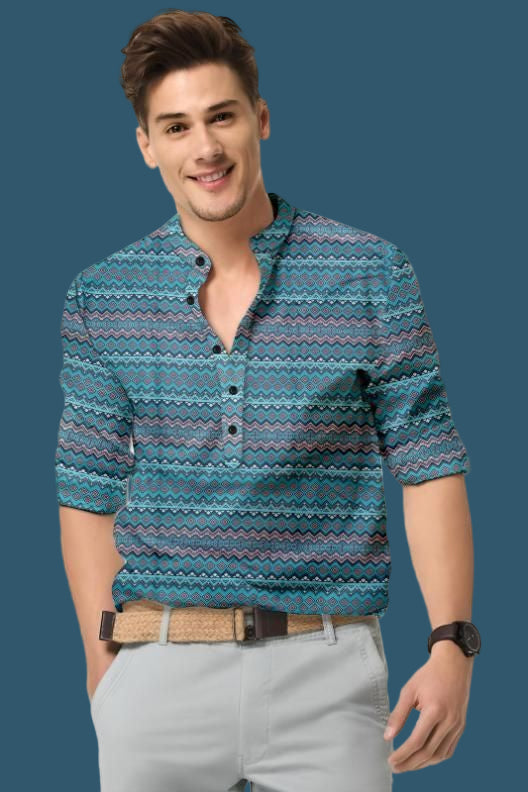 Men's Printed Spread Collar Casual Shirt Blue