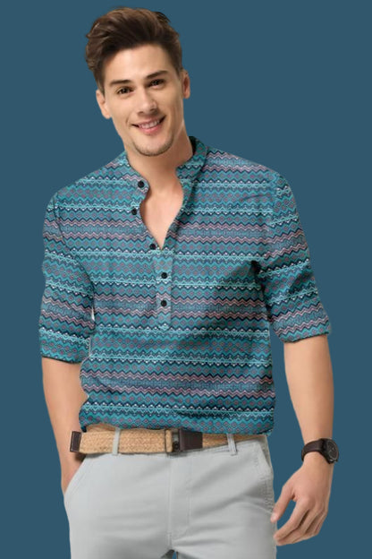 Men's Printed Spread Collar Casual Shirt Blue