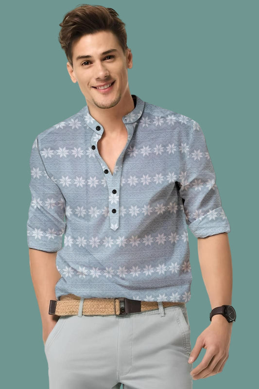 Men's Printed Spread Collar Casual Shirt Grey