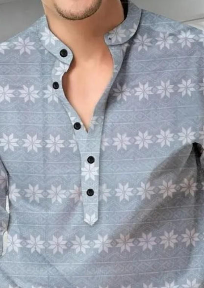 Men's Printed Spread Collar Casual Shirt Grey