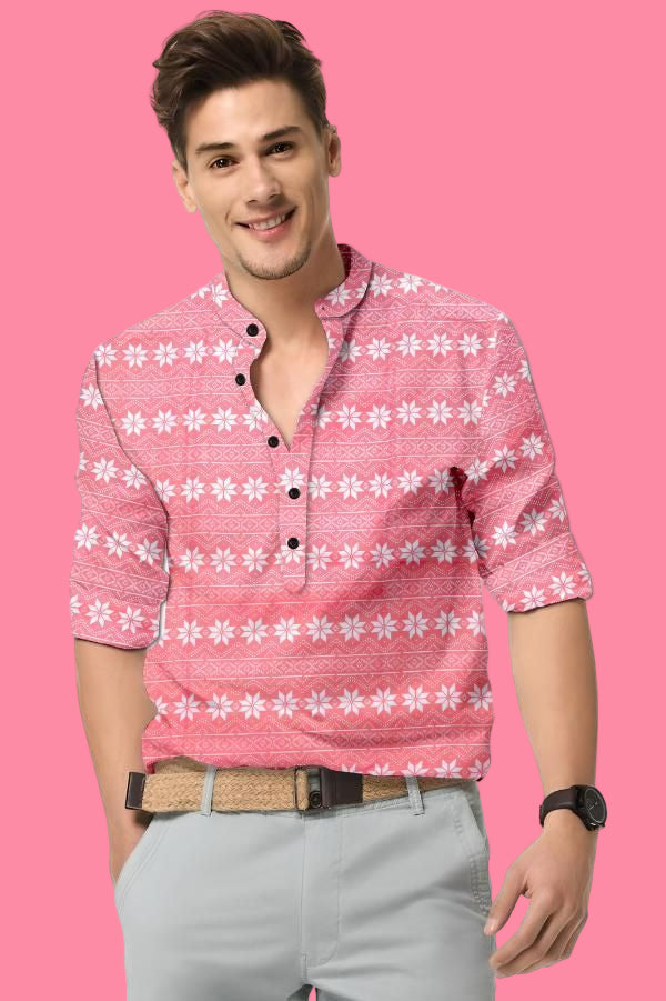 Men's Printed Spread Collar Casual Shirt Pink