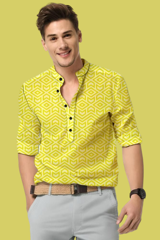 Men's Printed Spread Collar Casual Shirt Yellow