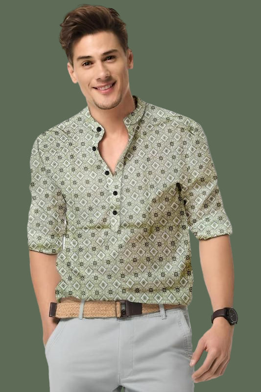 Men's Printed Spread Collar Casual Shirt Green